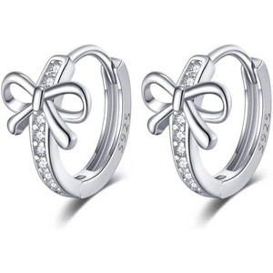 Solid 925 Sterling Silver CZ Bow Hoop Earrings Ribbon for Women Teen Girls Bowknot Hoop Earrings Huggie - 1 of 4