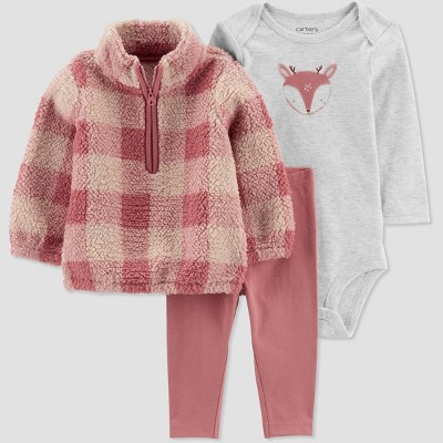 Carter's Just One You®️ Baby Girls' Plaid Deer Sherpa Pullover & Bottom Set - Pink 12M