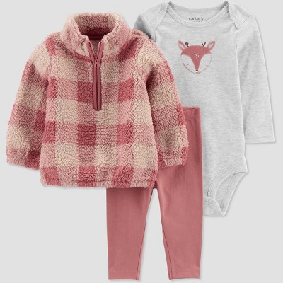 Image of Carter's Just One You®️ Baby Girls' Plaid Deer Sherpa Pullover & Bottom Set - Pink 3M