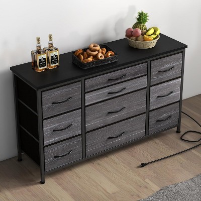 55'' Long TV Stand with Power Outlet Entertainment Center, Storage Fabric Drawer Unit for Bedroom, Wide Dresser with 10 Large Drawers