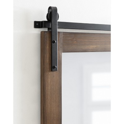 Walnut Brown Farmhouse Barn Door Wall Mirror with Metal Brackets