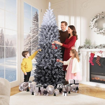 7.5ft Pre-lit ChristmasTreewith Dual Lights Slim Flocked Artificial Xmas Tree with 600LED Lights,Easy Assembly,Stand Included for Holiday Home Decor