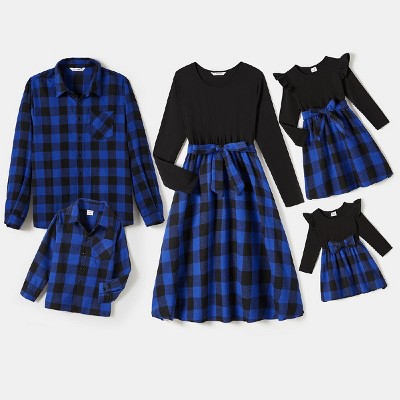 PATPAT Family Matching Outfits Mommy and Me Plaid Skirt Couple Sets Long Sleeve Matching Outfits, Navy Blue, Medium