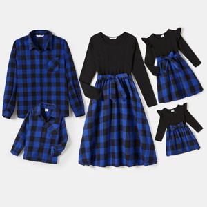 PATPAT Family Matching Outfits Mommy and Me Plaid Skirt Couple Sets Long Sleeve Matching Outfits, Navy Blue, Medium - 1 of 4