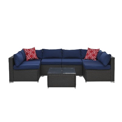 NicBex 7 Piece Outdoor PE Wicker Furniture Set with Tempered Glass Top Coffee Table,Patio Sectional Sofa Couch with 2 Pillows