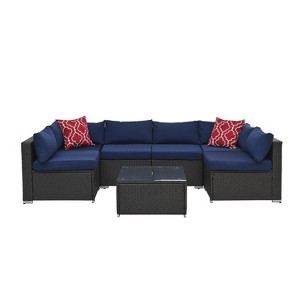 NicBex 7 Piece Outdoor PE Wicker Furniture Set with Tempered Glass Top Coffee Table,Patio Sectional Sofa Couch with 2 Pillows - 1 of 4
