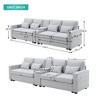 114.2" Modern Linen Upholstered Sofa with Console, 2 Cup Holders, 2 USB Ports, Wireless Charging and 4 Pillows - ModernLuxe - 3 of 4