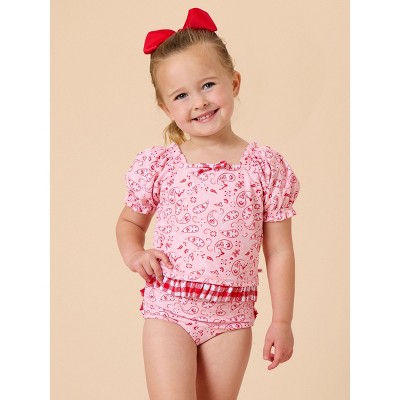 RuffleButts Girls UPF50+ Puff Sleeve Ruffle Tankini 2-Piece Swimsuit - Pink Bandana, 10 — фото 2