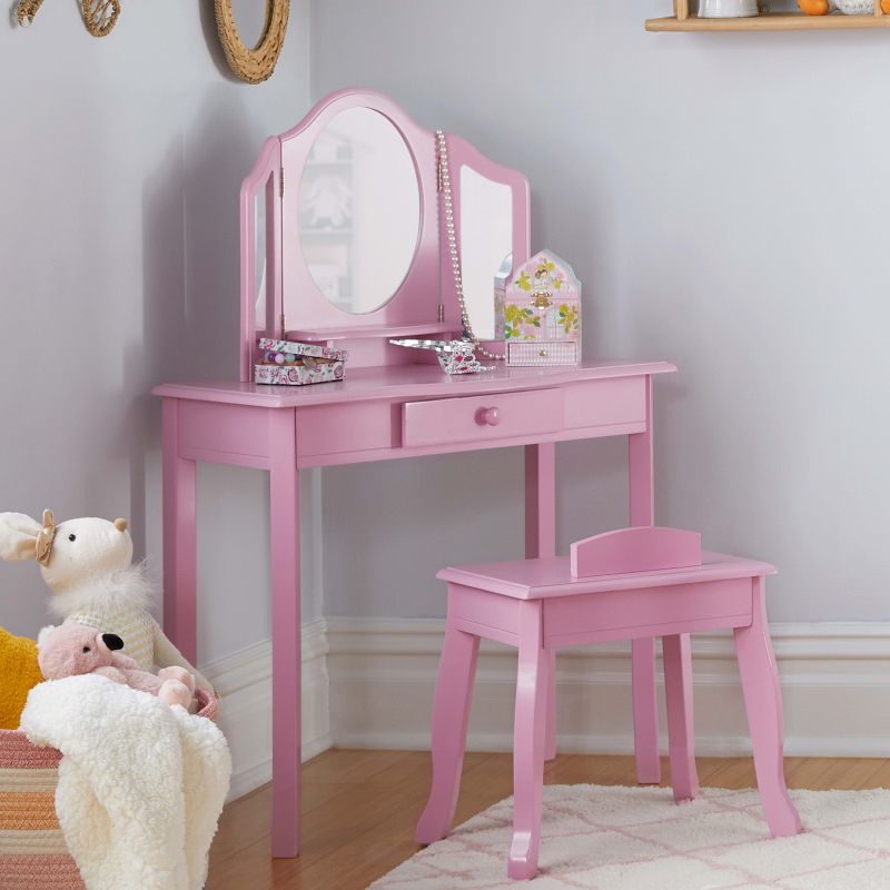 Guidecraft Kids' Vanity and Stool Set: Little Girls Pretend Play Dress Up Desk and Makeup Mirror with Storage Drawer and Chair, 3 of 7