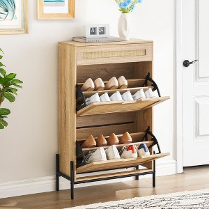 Entryway Shoe Cabinet with 2 Flip Drawers, Slim Freestanding Wooden Shoe Organizer with Linen Front Panels, Space-Saving Closed Shoe Rack - 1 of 4