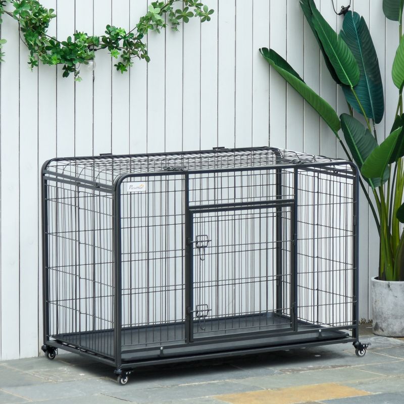 PawHut Folding Design Heavy Duty Metal Dog Cage Crate & Kennel with Removable Tray and Cover, & 4 Locking Wheels, Indoor/Outdoor, 3 of 12