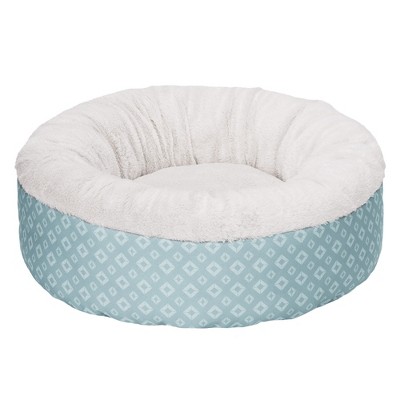 Small Aqua Plush Diamond Print Calming Donut Pet Bed