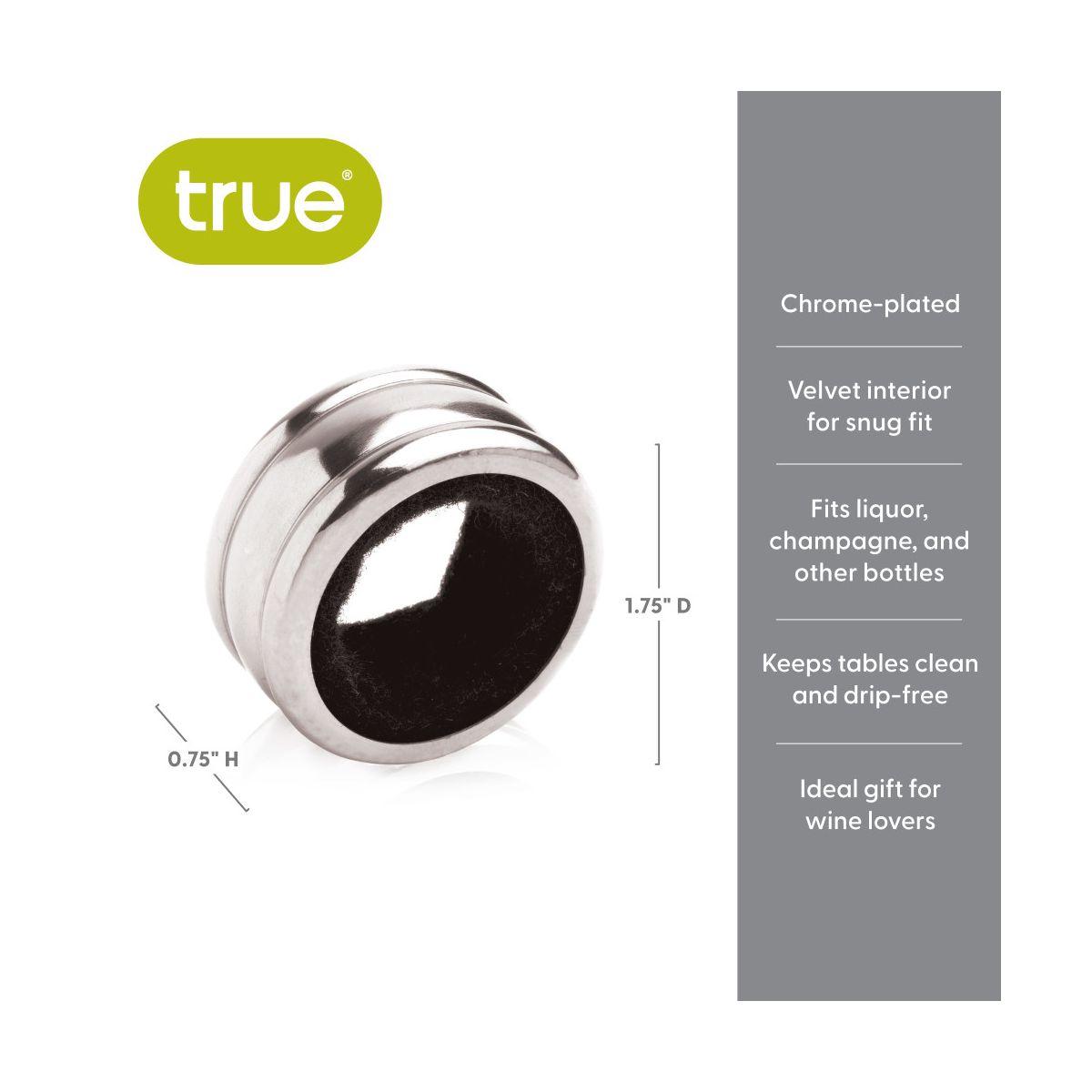 True Circlet Chrome-Plated Bottle Drip Rings, Velvet Interior Wine Drip Catcher, Fits Champagne & Liquor Bottles, Home Bar Gifts, Set of 2, Silver - thumbnail 3