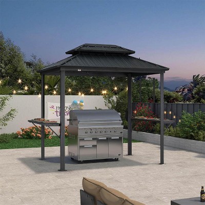 PURPLE LEAF Hardtop Grill Gazebo for Patio Permanent Aluminum Barbeque Shelter Gazebo with Ceiling Hook and Shelves Grey Outdoor BBQ Gazebo