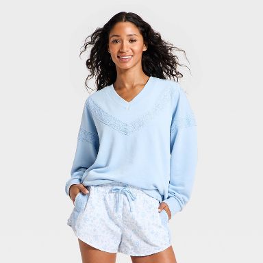Women's Crochet Trim V-Neck Sweatshirt - JoyLab™ Blue XXS