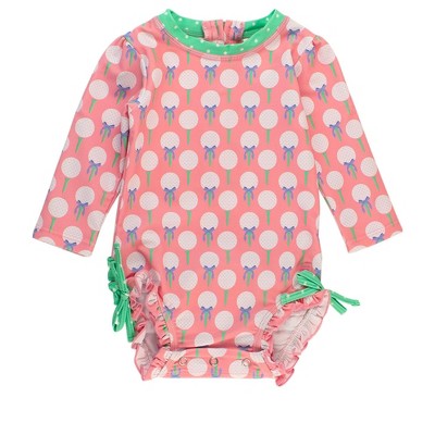 Rufflebutts Baby Girls Upf50+ Long Sleeve One Piece Rash Guard - Pink Tee Time, 2T