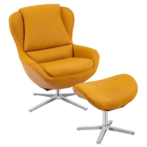 Costway Swivel Rocking Chair Top Grain, Yellow Leather Chair With Ottoman