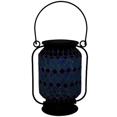 Cool Blue Mosaic Glass Solar LED Outdoor Lantern with Metal Frame