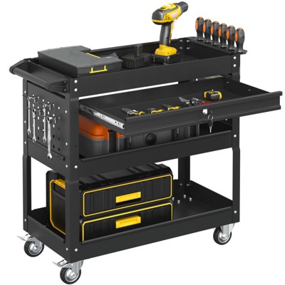 Huxxion 3-Tier Rolling Tool Cart on Wheels, Heavy Duty Mechanic Tool Cart with Drawers, Utility Cart for Workshop Garage Warehouse(Gray)