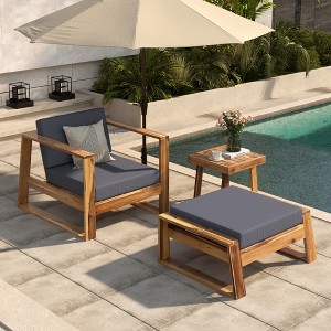 Outdoor Chaise Lounge Chair Set of 3, Acacia Wood Conversation Set with Coffee Table, Pool Sunbathing Recliner with Ottoman for Porch Backyard - 1 of 4