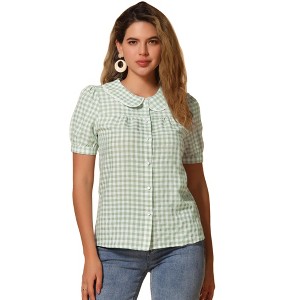 INSPIRE CHIC Women's Plaid Puff Short Sleeve Button Down Peter Pan Collar Shirt - 1 of 4