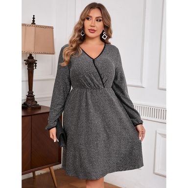 Coolmee Women Plus Size V Neck Smocked Waist Long Sleeve A Line Midi Dress Wedding Guest Cocktail Party Dress Silver Black 4XL