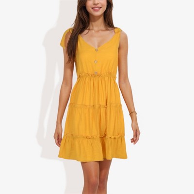 Anna-Kaci Women's Sleeveless V-Neck Button Front Tiered Ruffle Mini Dress- Large, Yellow