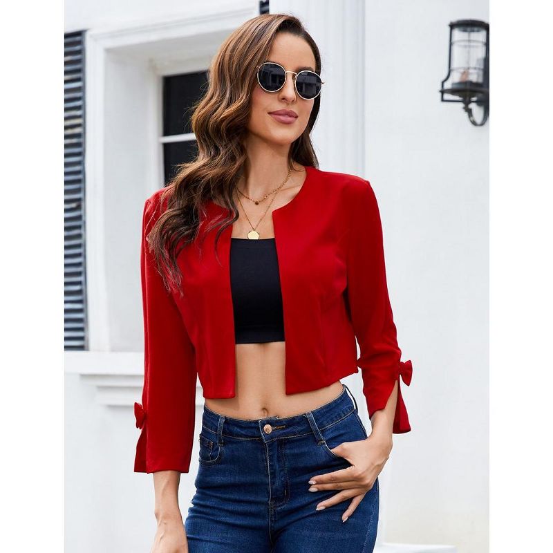 Womens Cropped Blazer Casual Bow Slit Cuff Open Front Collarless Lightweight Work Jacket Cardigan Shrug, 1 of 8