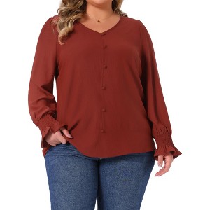 Agnes Orinda Women's Plus Size Smocked Long Sleeve Chiffon Button Decor V Neck Solid Casual Blouse - 1 of 4