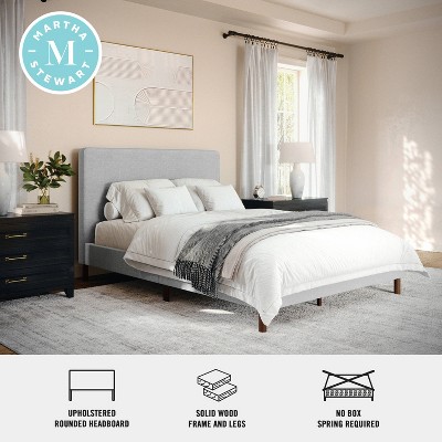 Britta Gray Upholstered Full Platform Bed with Walnut Legs