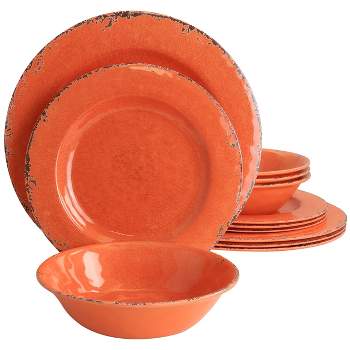 Gibson Laurie Gates California Designs Mauna 12 Piece Melamine Dinnerware Set in Crackle Orange