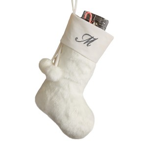 Personalization Mall Embroidered Initial Faux Fur Christmas Stocking, Ivory - 1 of 1