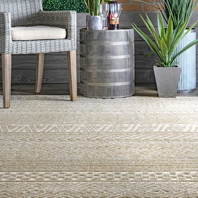 Beige Bohemian Striped Easy-Care Indoor/Outdoor Area Rug