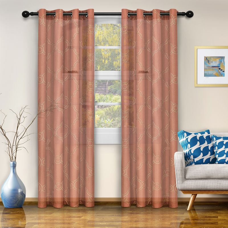 Embroidered Moroccan Trellis Semi-Sheer Grommet Curtain Panel Set by Blue Nile Mills, 1 of 5