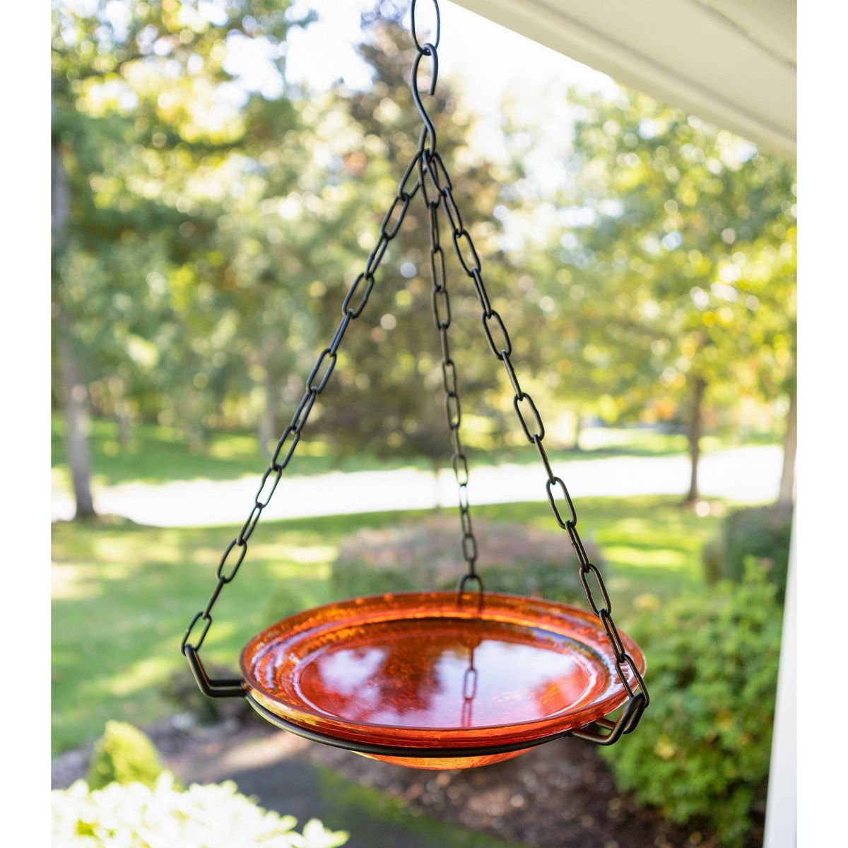 12.5" Crackle Glass Hanging Birdbath Bowl Mandarin Orange - ACHLA Designs: Wrought Iron Garden Decor - thumbnail 8