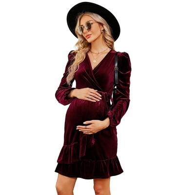 Marternity Velvet Dress Wrap V Neck Puff Long Sleeve Ruffle Midi Dress with Belt Baby Shower Photoshoot