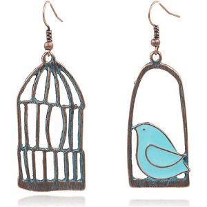Hollow Bronze Bird Cage Dangle Earrings - Asymmetric Vintage Boho Style for Women, Hypoallergenic - 1 of 4