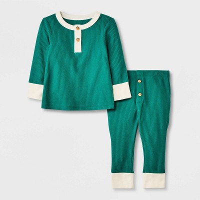 Baby 2pc Henley Cozy Ribbed Top & Bottom Set - Cat & Jack™ Green 0-3M