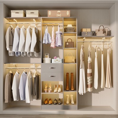 Aheaplus 96'' W Closet Organizer with 13 Shelves, DIY Closet System with Drawers and Hanging Rods