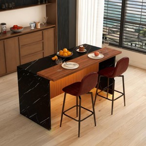 Modern Black Kitchen Island Dining Table with LED Lights and 2 Brown Bar Stools, Faux Marble Counter Height Set for Eat-in Kitchen-3irtyhousy - 1 of 4