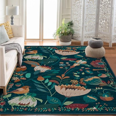 Boho Bird Area Rug Washable Floral Bedroom Low-Pile Soft Playroom Carpet, Jungle Pattern Vintage Indoor Floor Rug for Living Room Nursery Farmhouse
