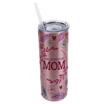 Elanze Designs Floral Bubblegum Pink 20 Ounce Double Wall Stainless Steel Glitter Travel Tumbler With Sliding Lid And Straw, World's Greatest Mom