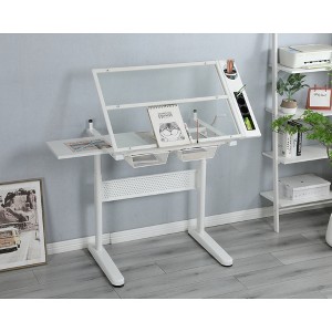 Runesay Adjustable White Drafting Table Drawing Desk with 2 Metal Drawers and Stool - 1 of 4