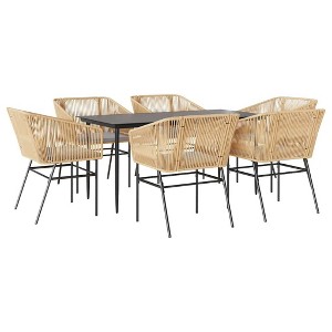 vidaXL Patio Dining Set with Cushions Table and Chairs Set Poly Rattan Glass - Brown 63" x 31.5" x 29.1" 6 Pieces - 1 of 4