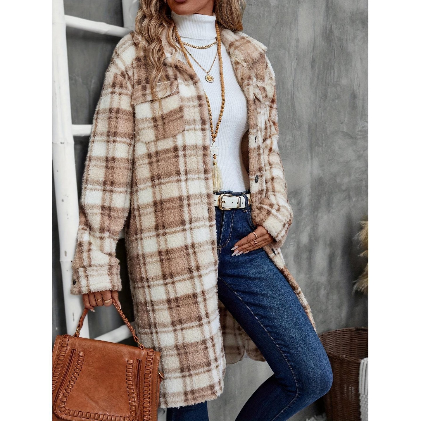 Женские кардиганы YesFashion Plaid Long Plush Button Down Cardigan Coat Fall Casual Collared Pockets Open Front Jacket Outerwear Camel — фото 2