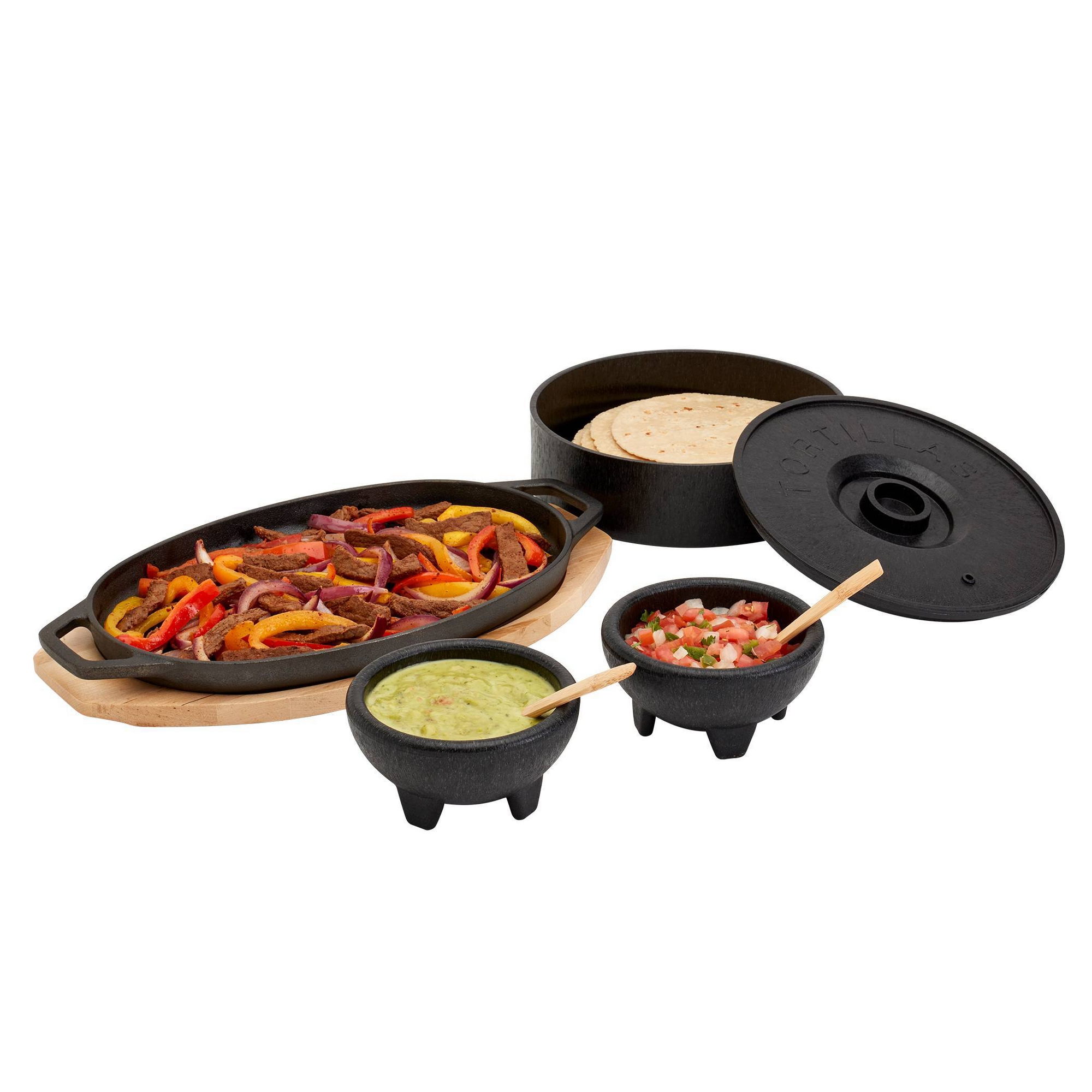 Infuse 8pc Fajita Set: Cast Iron Cookware, Gas & Induction Compatible, Includes Storage Containers & Spoon