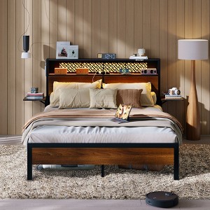 Bed Frame Metal Platform Bed with LED Storage Headboard Charge Station - 1 of 4
