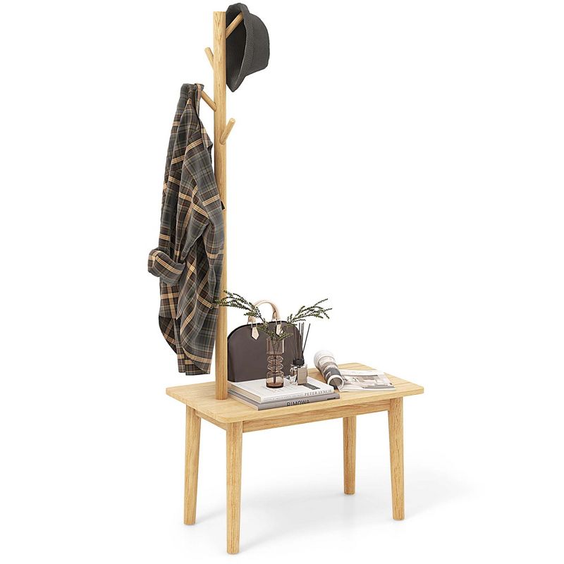 Costway End Table with Coat Rack 2-in-1 Side Table 3 Hooks for Hats Bags Coats Freestanding Natural/Brown, 1 of 11