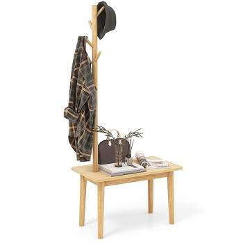 Costway End Table with Coat Rack 2-in-1 Side Table 3 Hooks for Hats Bags Coats Freestanding Natural/Brown
