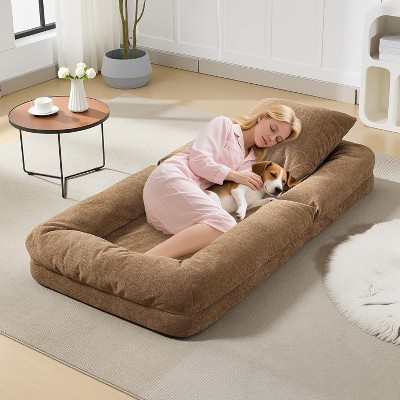 5-Position Adjustable Lazy Sofa Bed, Upholstered Human Dog Bed for Adult & Pets, Foldable Floor Lounger Chair, for Bedroom, Living Room